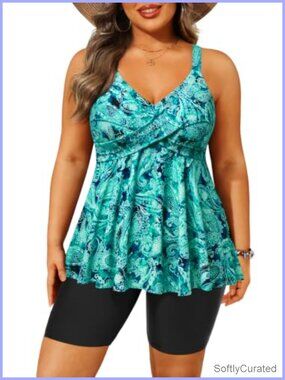 Plus Size Tankini Set with Shorts - Tummy Control 2 Piece Bathing Suit Flowy